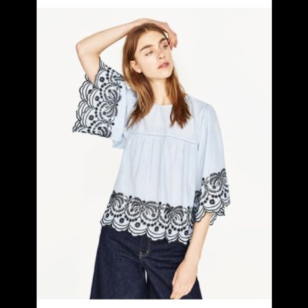 Zara Basic Blue And White Striped Embroidered Top - image 1